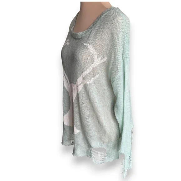 ROMWE mint distressed deer sweater sheer knit long sleeve - Picture 2 of 9